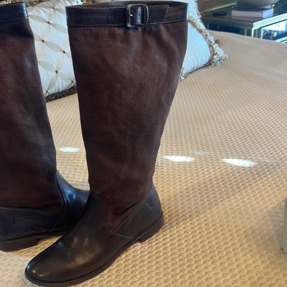 FRYE PAIGE Brown Leather Canvas Women's Riding Boots Size 10Riding Motorcycle - Picture 2 of 11